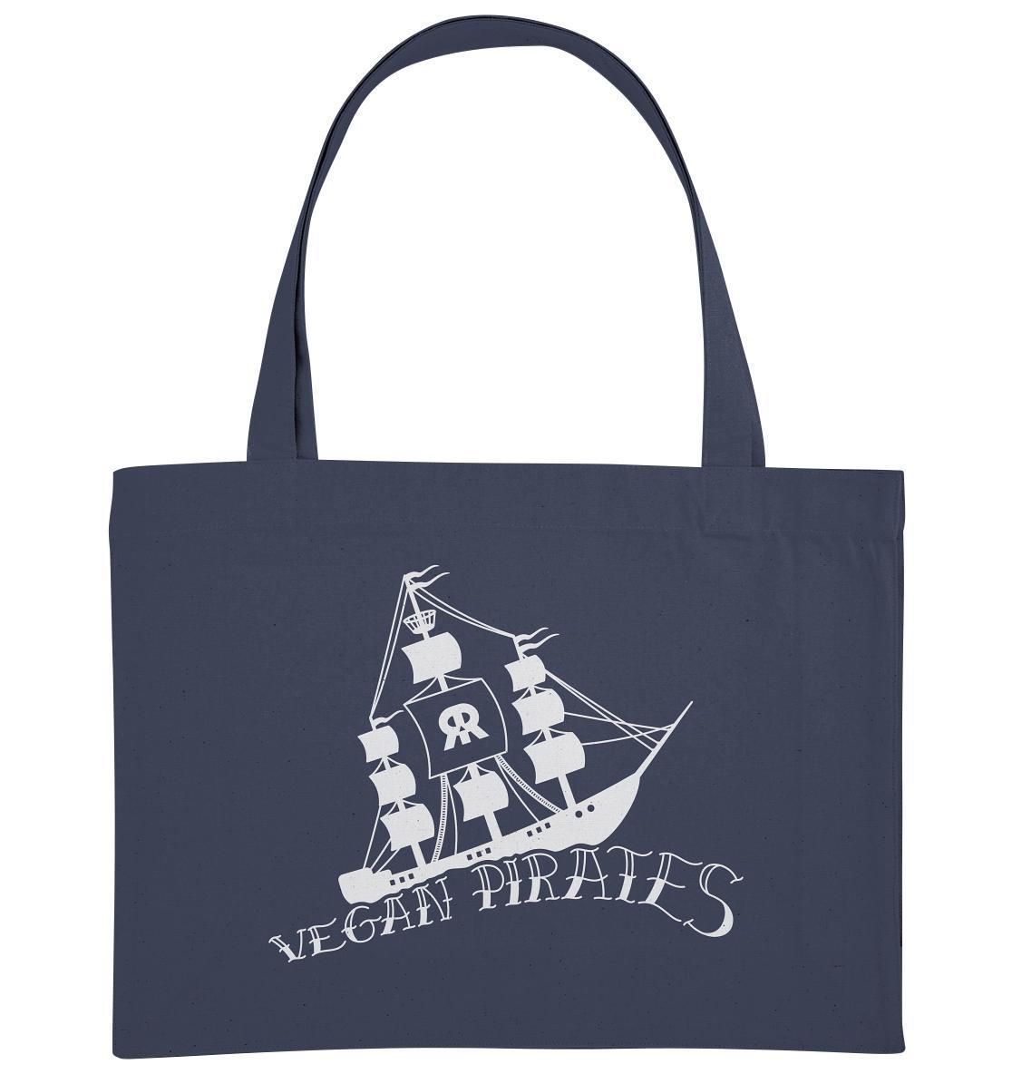 Vegan und Recycling extragroße Stofftasche: Vegan Pirates mit Piratenschiff-Design, hergestellt aus recycelter Baumwolle und Polyester, Teil der RUDE REBEL Kollektion.