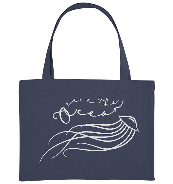 Vegan und Recycling extragroße Stofftasche: Jellyfish - Save the Ocean mit Quallenmotiv und Text, aus recycelter Baumwolle und Polyester, ideal für nachhaltiges Einkaufen.