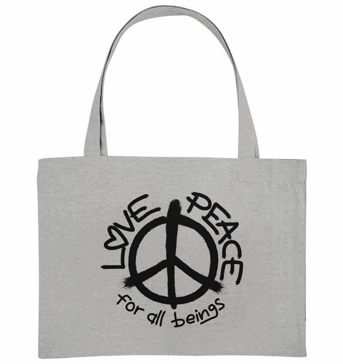 Vegan und Recycling extragroße Stofftasche: LOVE and PEACE for all beings, mit grauer Oberfläche und Friedenssymbol, hergestellt aus recycelten Materialien.