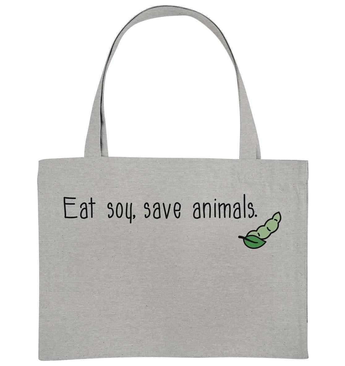 Vegan und Recycling extragroße Stofftasche mit grünem Erbsenmotiv, aus recycelten Materialien, mit robusten langen Henkeln und Seitenfalten, von RUDE REBEL.