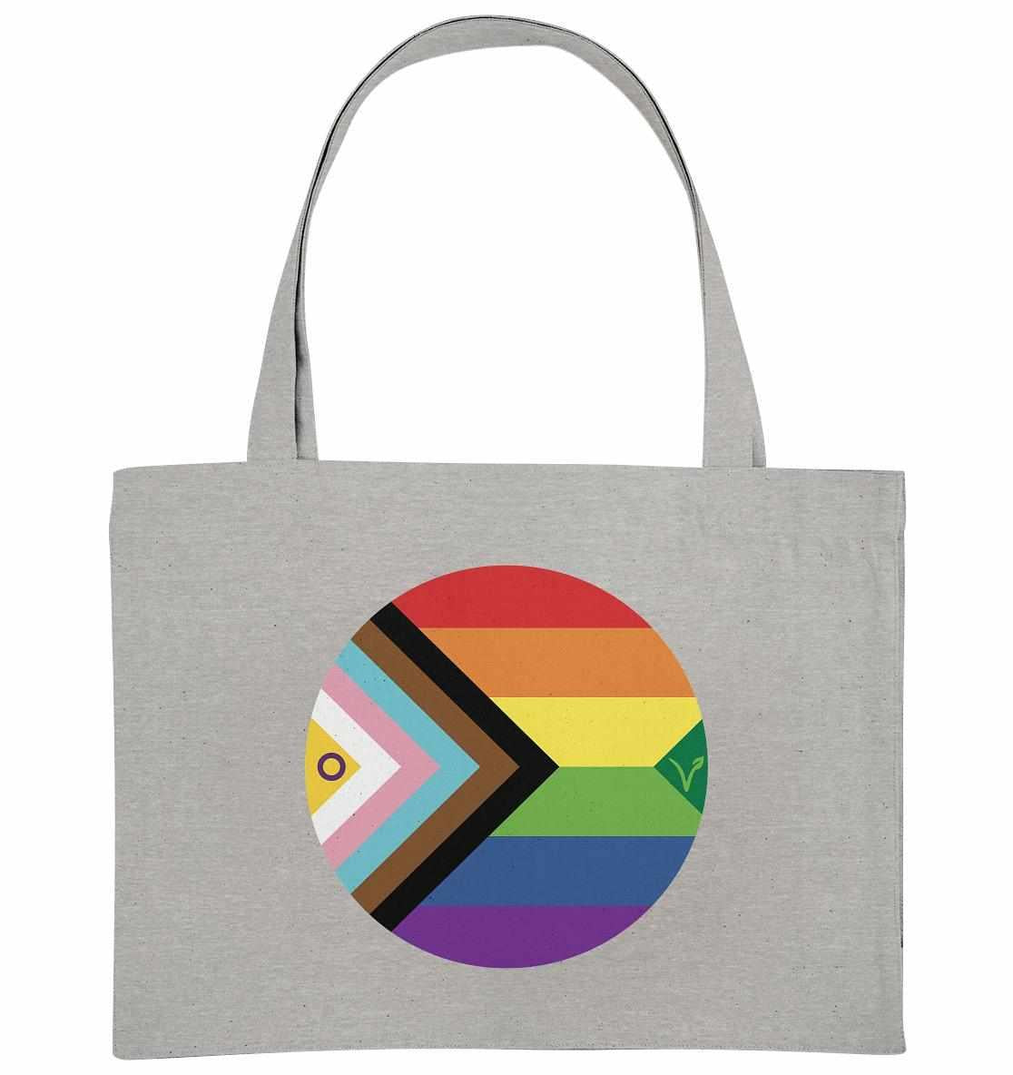 Vegan und Recycling extragroße Stofftasche: Graue Tote-Bag mit Regenbogenkreis-Design, Fisch und grünem Blatt, symbolisiert LGBTQAI+ und Veganismus.