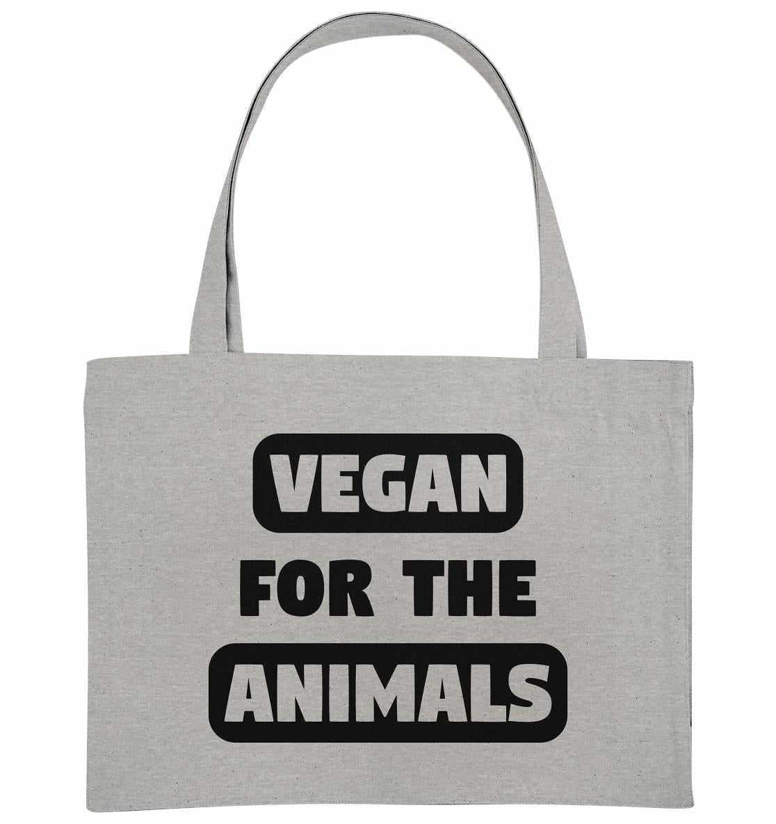 Vegan und Recycling extragroße Stofftasche: VEGAN FOR THE ANIMALS, aus recyceltem Material, mit langem Henkel und verstärktem Kreuzstich, betont den Tierschutz.