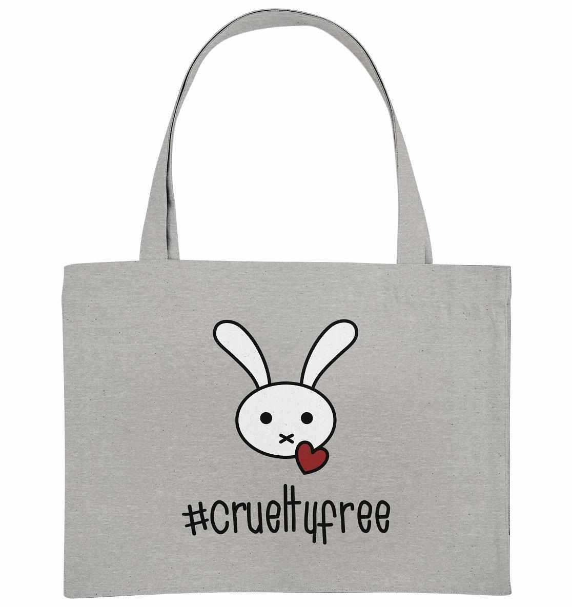 Vegan und Recycling extragroße Stofftasche: Crueltyfree Bunny, graue Tote-Bag mit Zeichnung eines weißen Kaninchens und Herzes, symbolisiert vegane Bewegung gegen Tierversuche.