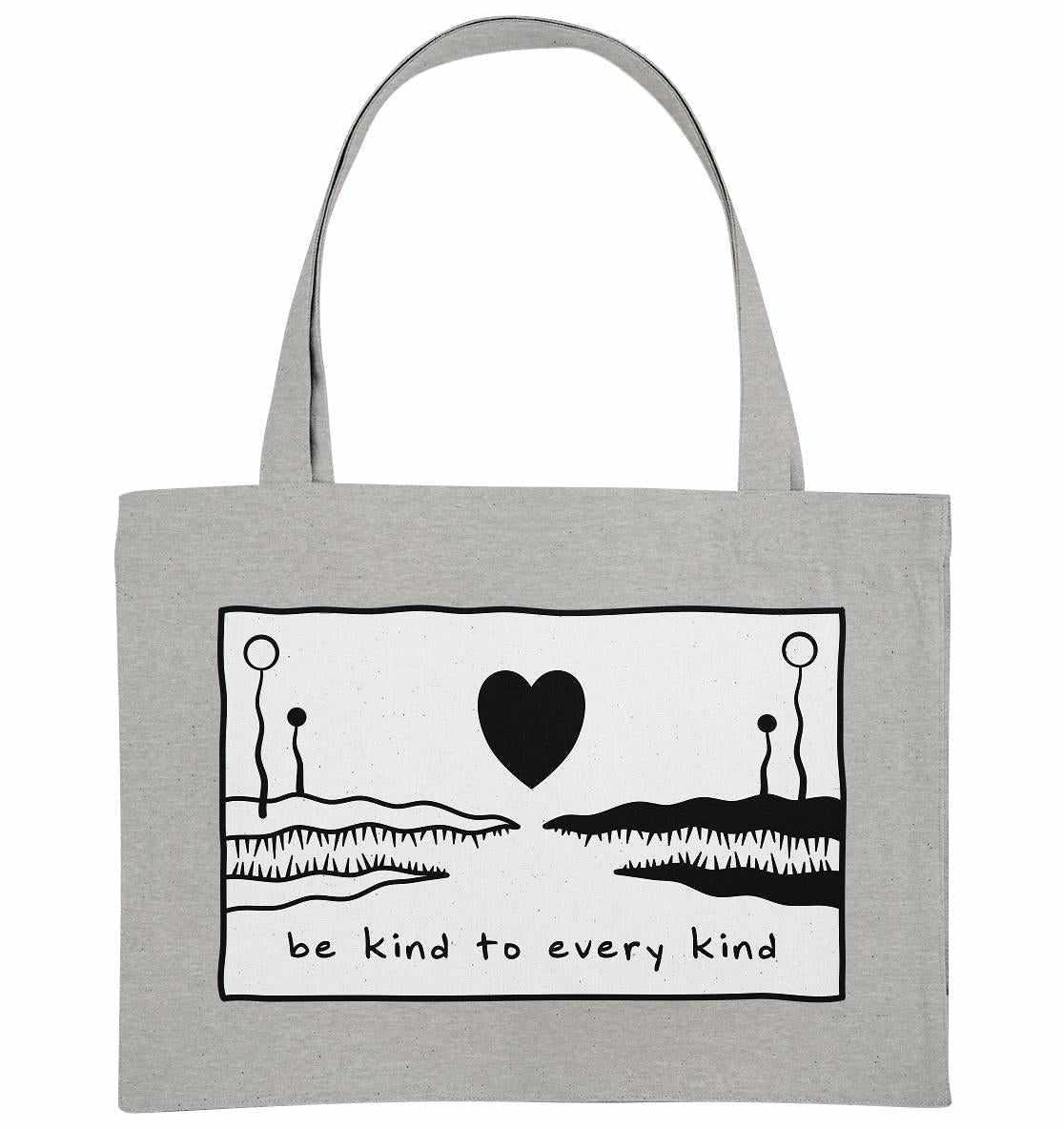 Vegan und Recycling extragroße Stofftasche: Be kind to every kind, graue Tasche mit schwarzem Herzmotiv und Text, aus recycelten Materialien, nachhaltig und charmant designt.