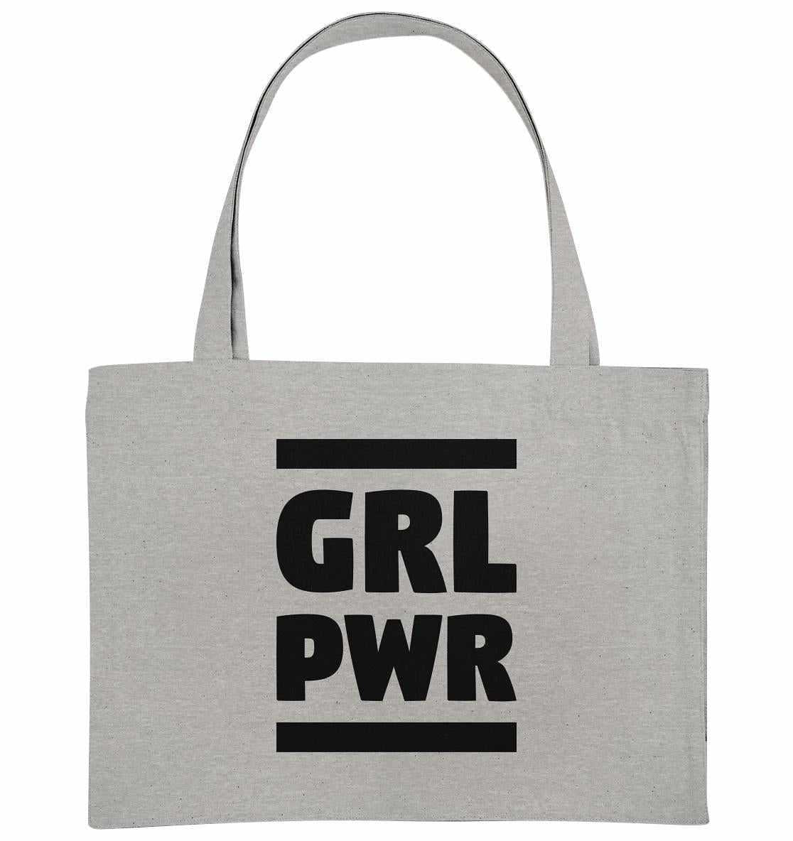 Vegan und Recycling extragroße Stofftasche, GIRL POWER-Design, zeigt schwarzen Text auf grauem Stoff, hergestellt aus recycelten Materialien, mit feministischer Botschaft.