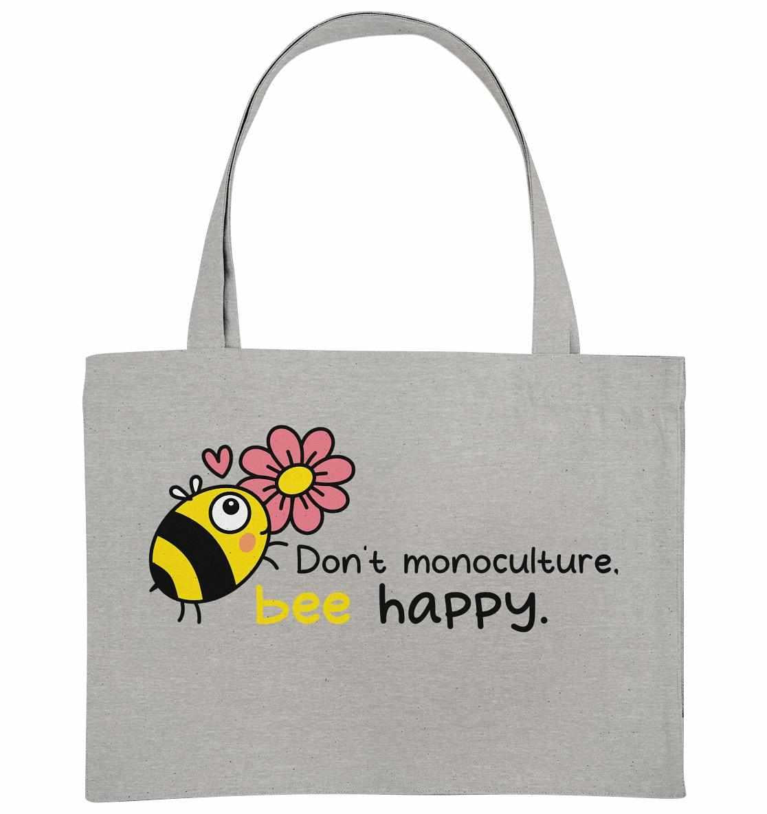 Vegan und Recycling extragroße Stofftasche mit Bienen- und Blumenmotiv, aus recycelten Materialien, symbolisiert Insektenschutz und Nachhaltigkeit.
