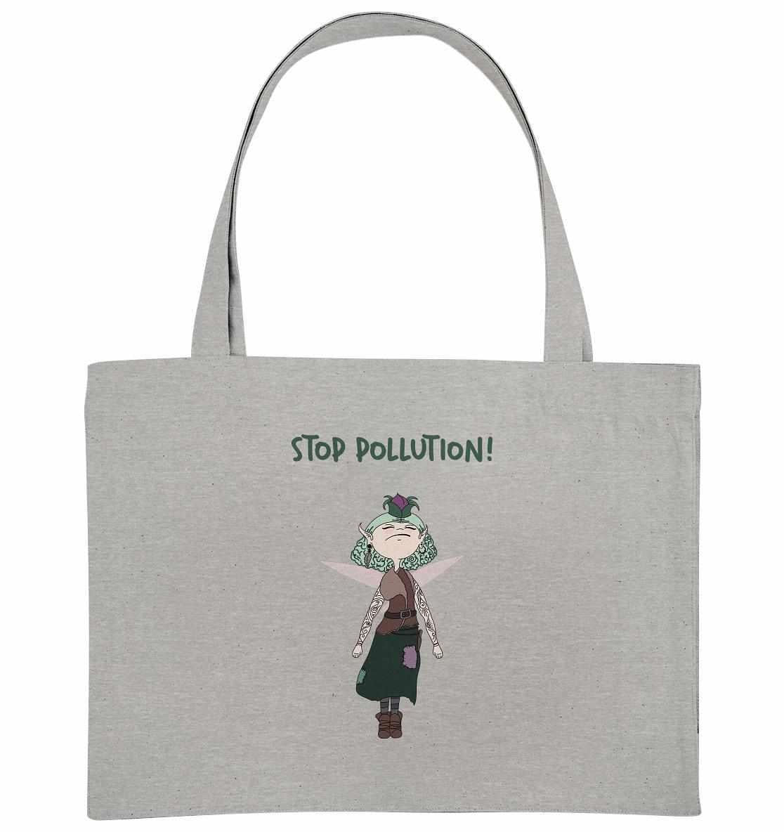 Vegan und Recycling extragroße Stofftasche mit Cartoon-Krawall-Fee, die auf Umweltverschmutzung aufmerksam macht. Hergestellt aus recycelten Materialien, robust und modisch.