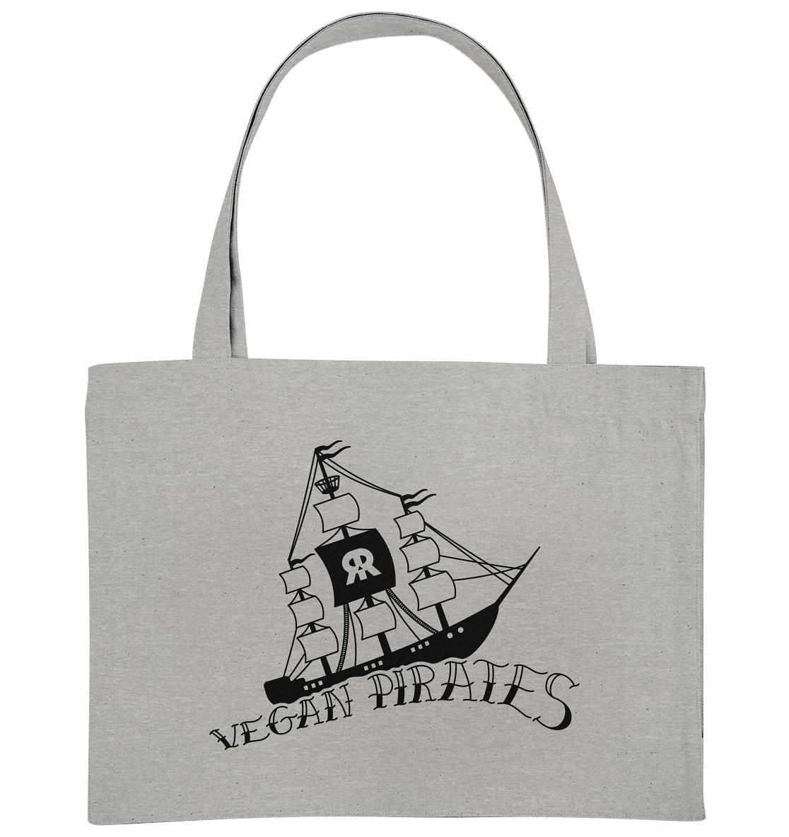 Vegan und Recycling extragroße Stofftasche: Vegan Pirates, graue Tote Bag mit Piratenschiff-Design, hergestellt aus recycelten Materialien, mit langen Henkeln und verstärktem Kreuzstich.