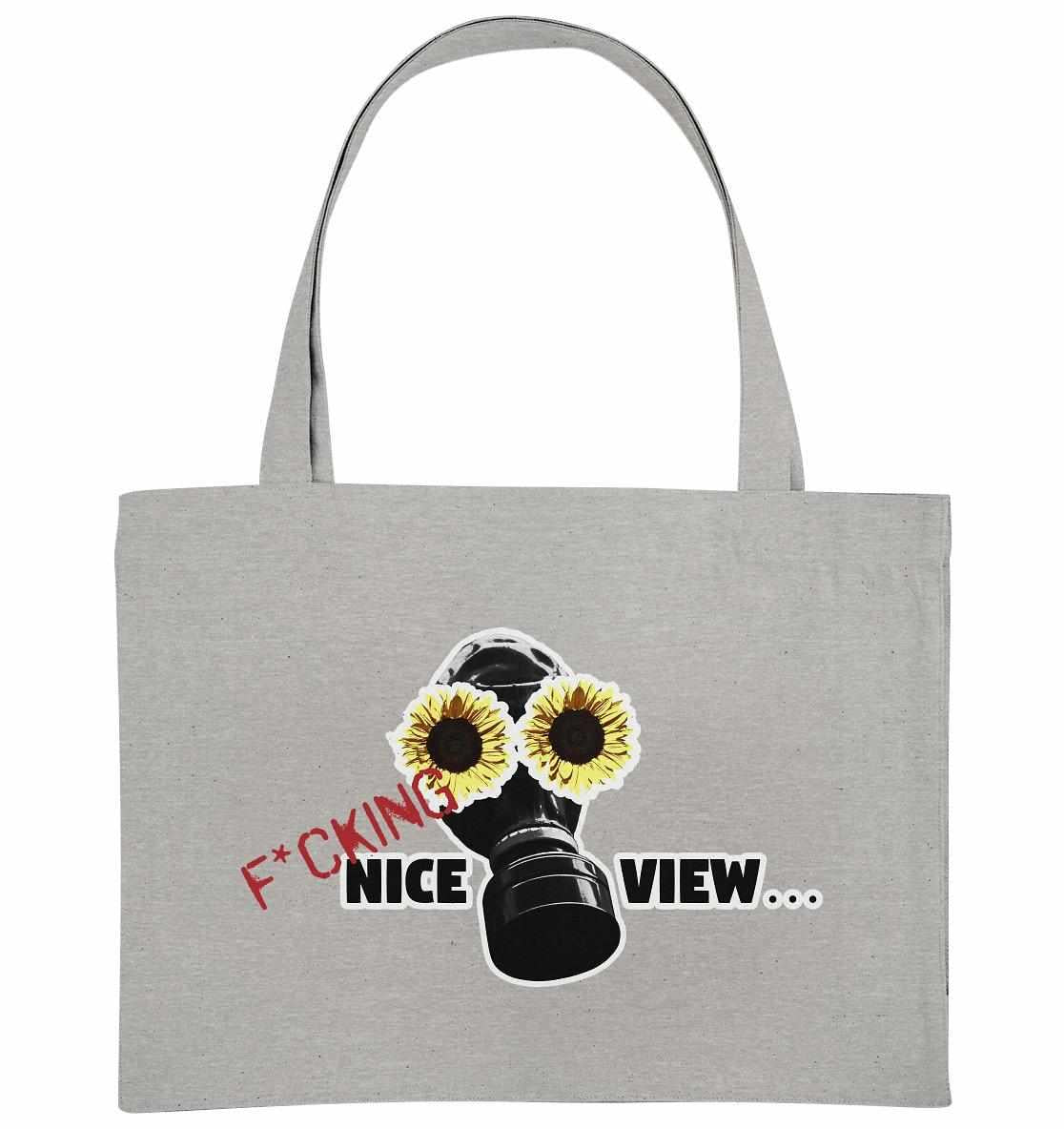 Vegan und Recycling extragroße Stofftasche: Sunflower Mask - F*cking nice view..., zeigt Sonnenblumen und Gasmaske, symbolisiert nachhaltigen Lebensstil und Rebellion.