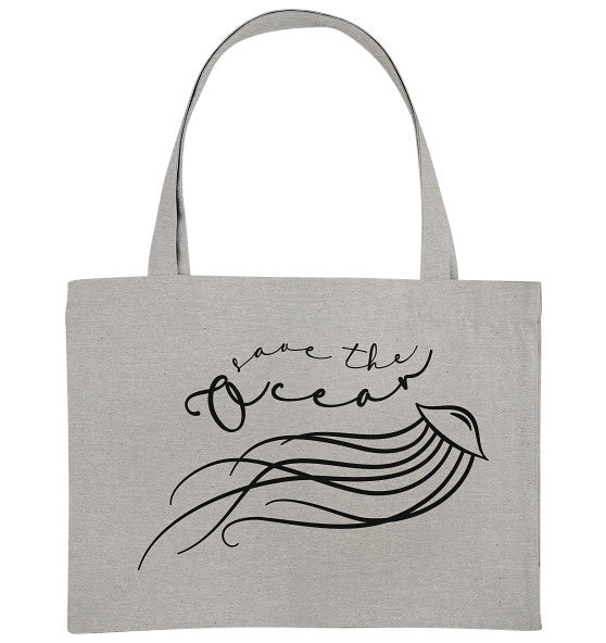 Vegan und Recycling extragroße Stofftasche: Jellyfish - Save the Ocean, graue Tote Bag mit Quallen-Illustration und Umweltbotschaft. Hergestellt aus recycelter Baumwolle und Polyester, ideal für nachhaltige Einkäufe.