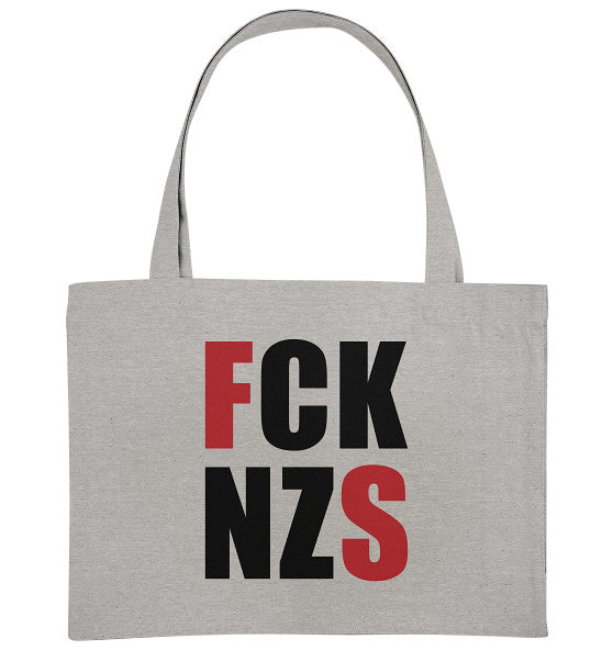 Graue Stofftasche mit FCK NZS in Schwarz und Rot, repräsentiert vegane und nachhaltige Mode von RUDE REBEL.