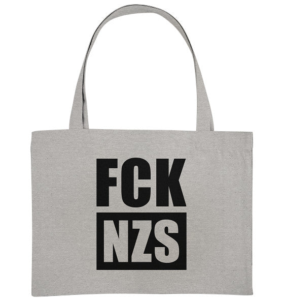 Vegane und Recycling extragroße Stofftasche: FCK NZS, graue Leinwand, schwarze Aufschrift, zwei Schulterriemen, robust verarbeitet, hergestellt aus recycelter Baumwolle und Polyester.