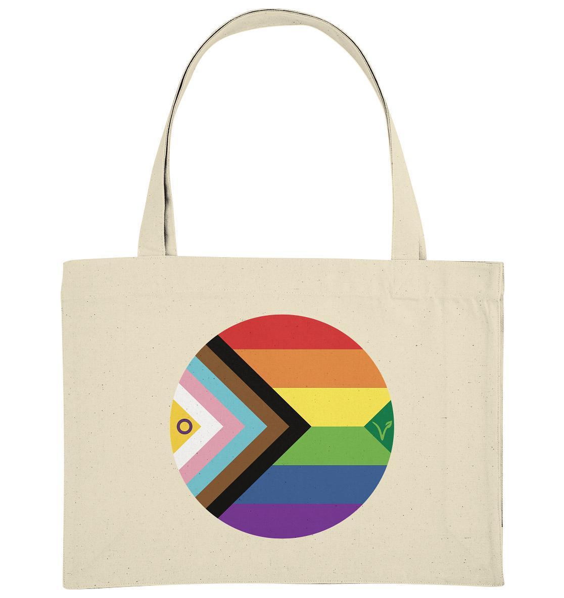 Vegan und Recycling extragroße Stofftasche: LGBTQAI+ VEGAN BIG mit buntem Kreisdesign, hergestellt aus recycelten Materialien, symbolisiert Liebe und Freiheit.