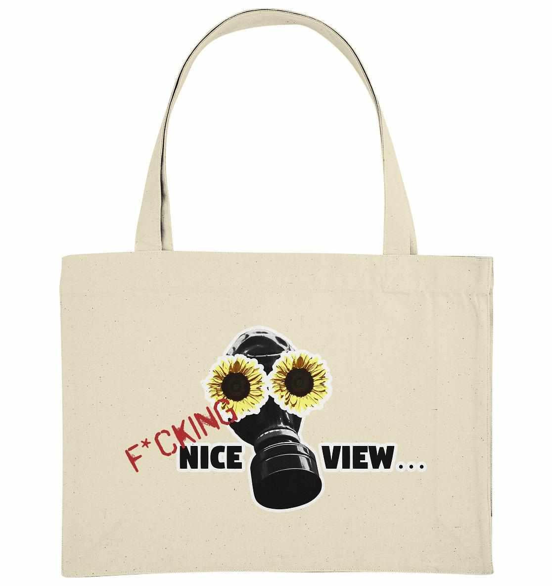 Vegan und Recycling extragroße Stofftasche: Sunflower Mask - F*cking nice view... zeigt eine Gasmaske mit Sonnenblumen, symbolisiert nachhaltigen Lebensstil aus recycelten Materialien.