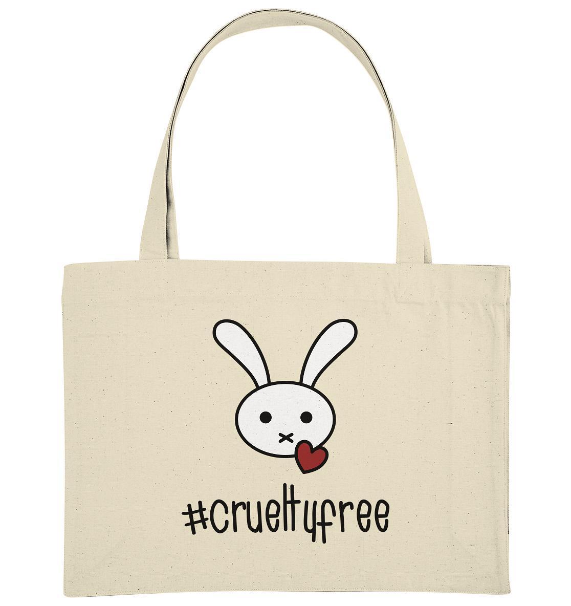 Vegan und Recycling extragroße Stofftasche: Crueltyfree Bunny, zeigt einen Cartoon-Hasen mit Herz, aus recycelten Materialien, symbolisiert Tierrechte.