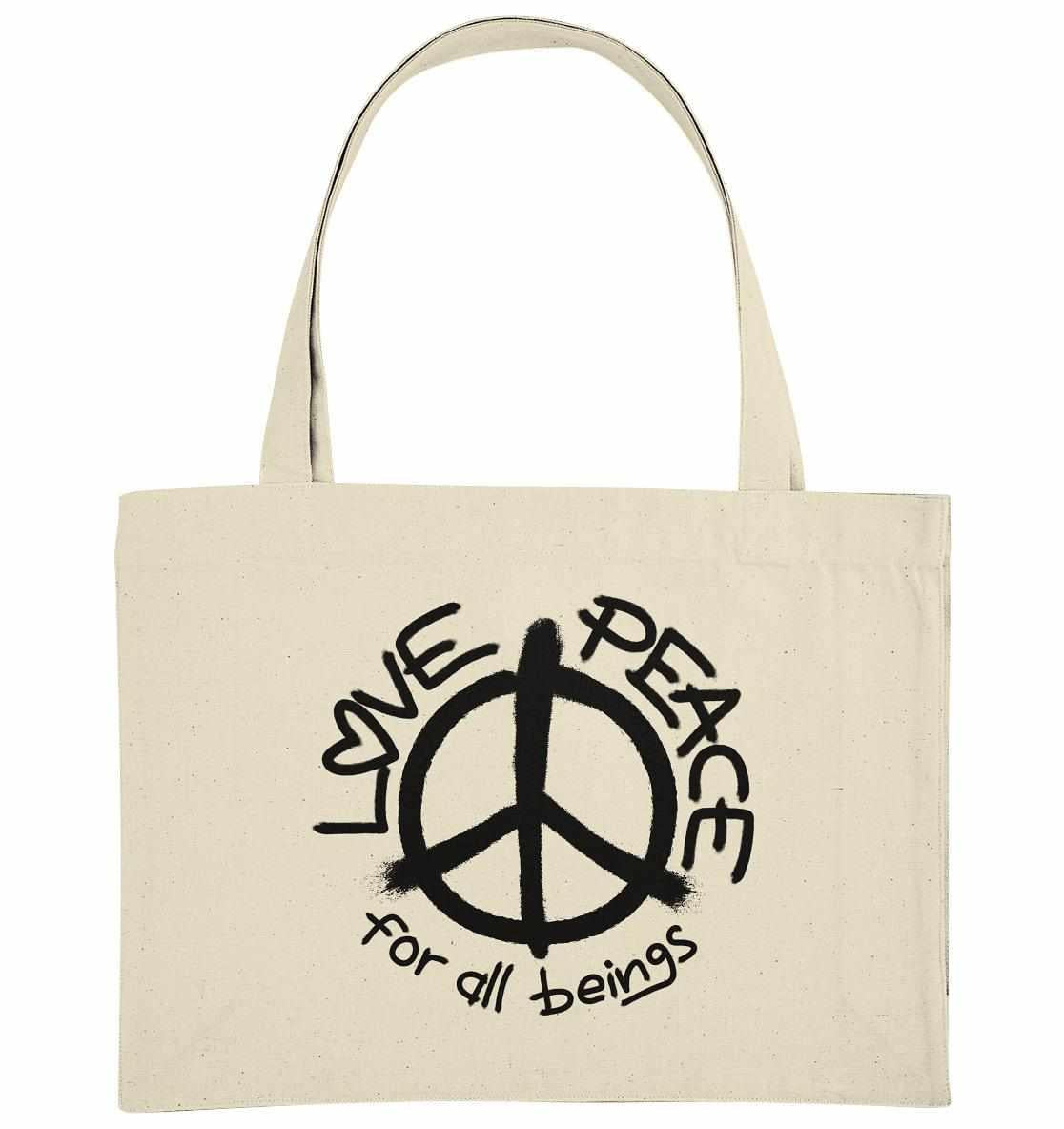 Vegan und Recycling extragroße Stofftasche: LOVE and PEACE for all beings, mit Peace-Zeichen und Text, hergestellt aus recycelten Materialien, robust und umweltfreundlich.