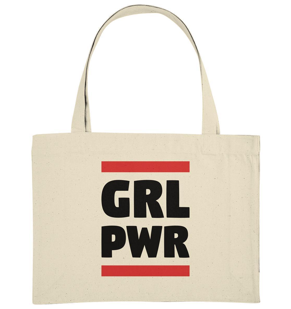 Vegan und Recycling extragroße Stofftasche: GIRL POWER mit feministischer Botschaft, weiße Tasche mit schwarzem Text und langen Henkeln, aus recycelten Materialien von RUDE REBEL.