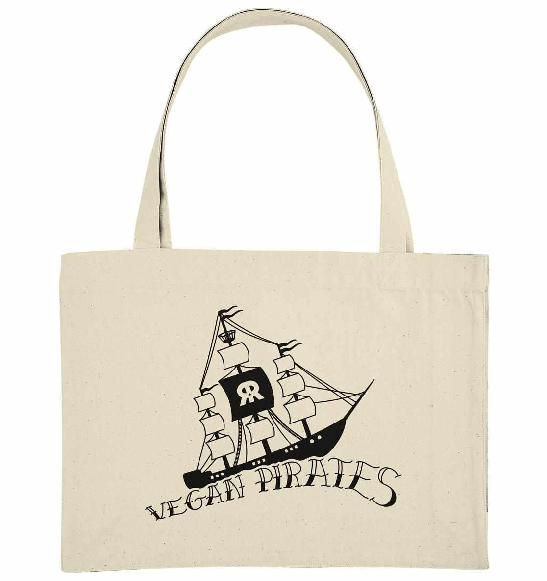 Vegan und Recycling extragroße Stofftasche: Vegan Pirates, weiße Tasche mit Piratenschiff-Illustration, lange Henkel, aus recycelten Materialien, passt zur Rude Rebel Crew.