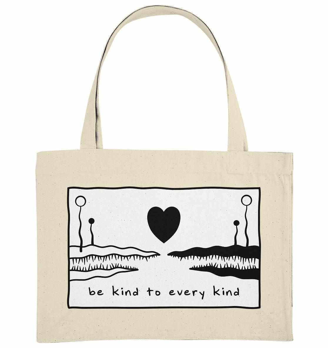 Vegan und Recycling extragroße Stofftasche mit Herzmotiv und Text, robust verarbeitet, aus recycelten Materialien, ideal für umweltbewusste und friedliche Botschaften.