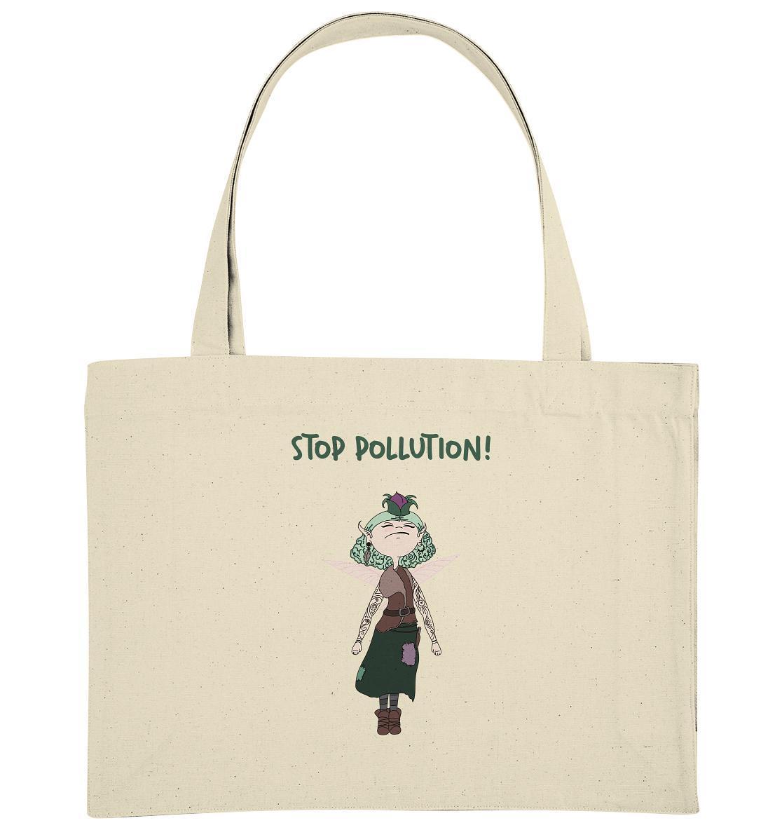 Vegan und Recycling extragroße Stofftasche: STOP POLLUTION! - Krawall Fee mit Cartoon-Fee und grüner Aufschrift auf weißem Hintergrund, aus recycelten Materialien.
