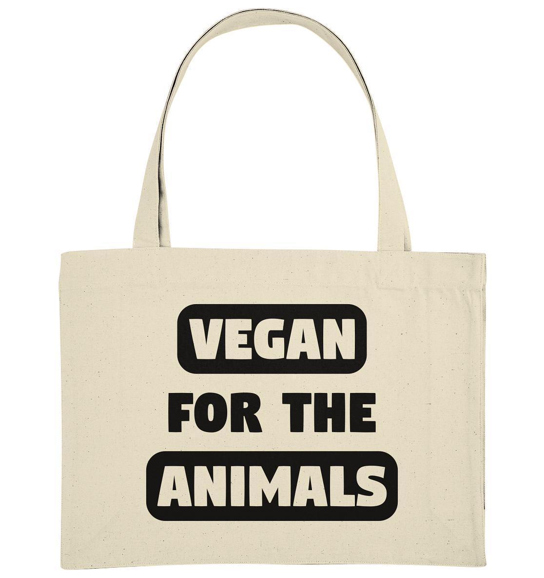 Vegan und Recycling extragroße Stofftasche: VEGAN FOR THE ANIMALS, weiße Tasche mit schwarzem Text, lange Henkel, aus recycelten Materialien, umweltfreundlich produziert.