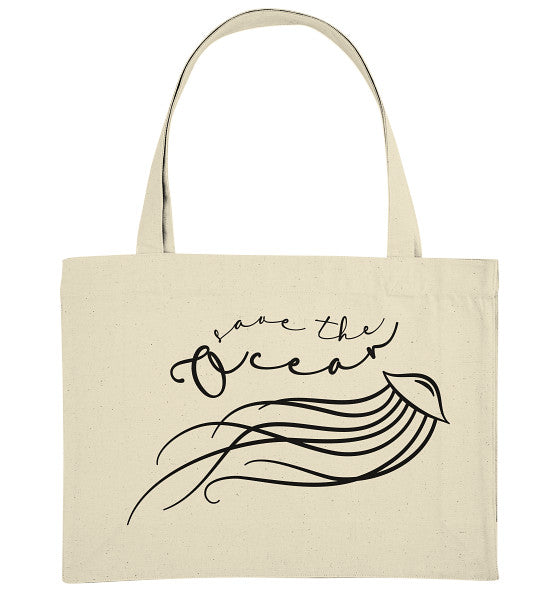 Vegan und Recycling extragroße Stofftasche mit Quallen-Illustration und Save the Ocean-Text, ideal für umweltbewusste Einkäufe.
