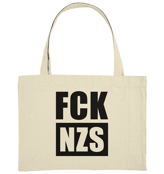 Vegan und Recycling extragroße Stofftasche: FCK NZS mit antinazistischem Slogan, hergestellt aus 80% recycelter Baumwolle und 20% recyceltem Polyester, robust und nachhaltig designt.