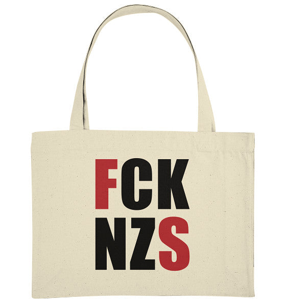 Vegan und Recycling extragroße Stofftasche: FCK NZS mit roten Highlights, beige, aus recycelter Baumwolle und Polyester, betont Antinazismus mit robustem Design und langen Henkeln.