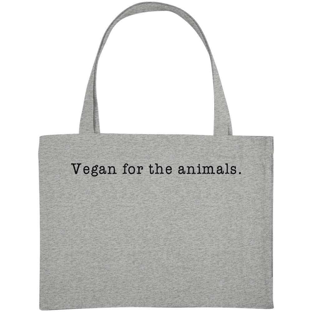 Stofftasche aus recyceltem Material mit langen Henkeln, bedruckt mit Vegan for the animals. Ideal für umweltbewusste Veganer und nachhaltige Träger.