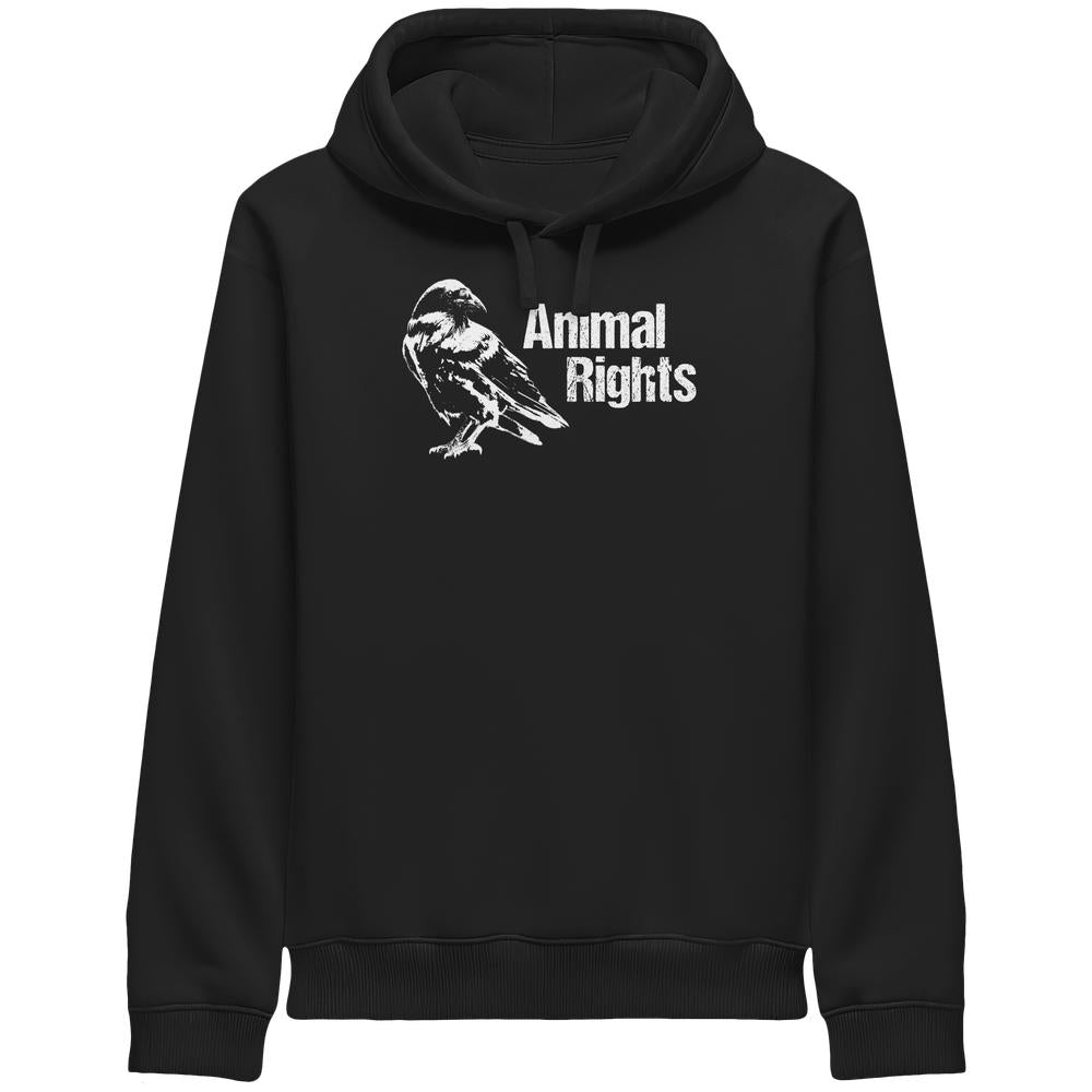 Schwarzer Hoodie mit weißem Vogelgrafik und Animal Rights-Text, Bio-Baumwolle und recyceltem Polyester, seitliche Taschen, Kapuze. Vegan, nachhaltig, von RUDE REBEL.