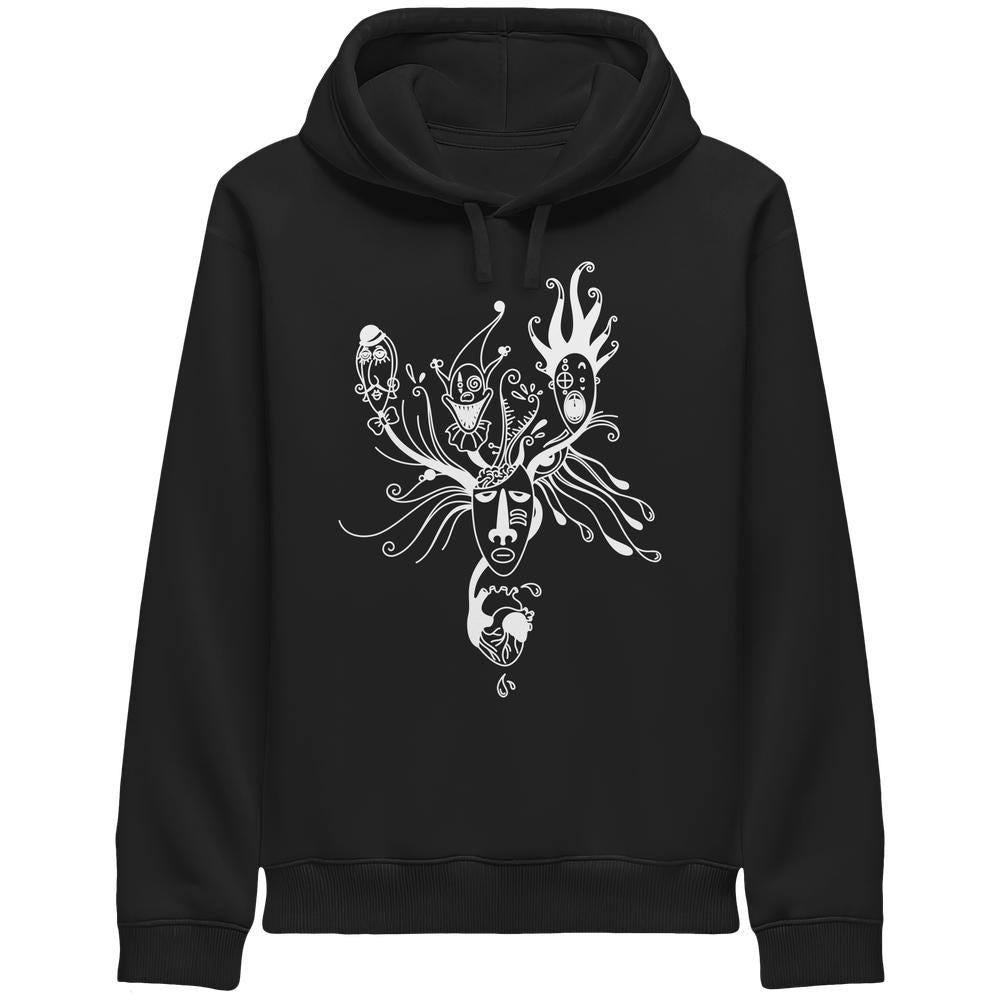 Schwarzer Hoodie mit Kapuze und Kängurutasche, weißes Frontmotiv