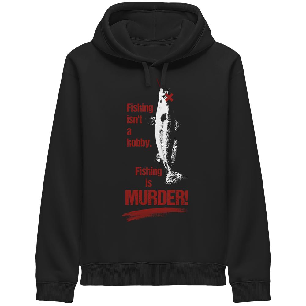 Vegan und Bio Unisex Side Pocket Hoodie: Fishing is MURDER! Schwarzer Kapuzenpullover mit Fischmotiv und provokantem Text, aus Bio-Baumwolle und recyceltem Polyester, normale Passform.