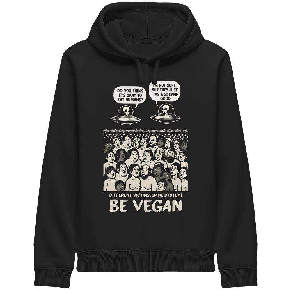 Schwarzer Hoodie mit Kapuze und Frontdruck „BE VEGAN“