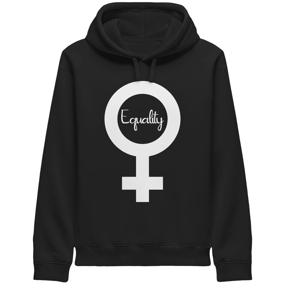 Schwarzer Hoodie mit Kapuze und großem weißem Equality-Symbol auf der Vorderseite