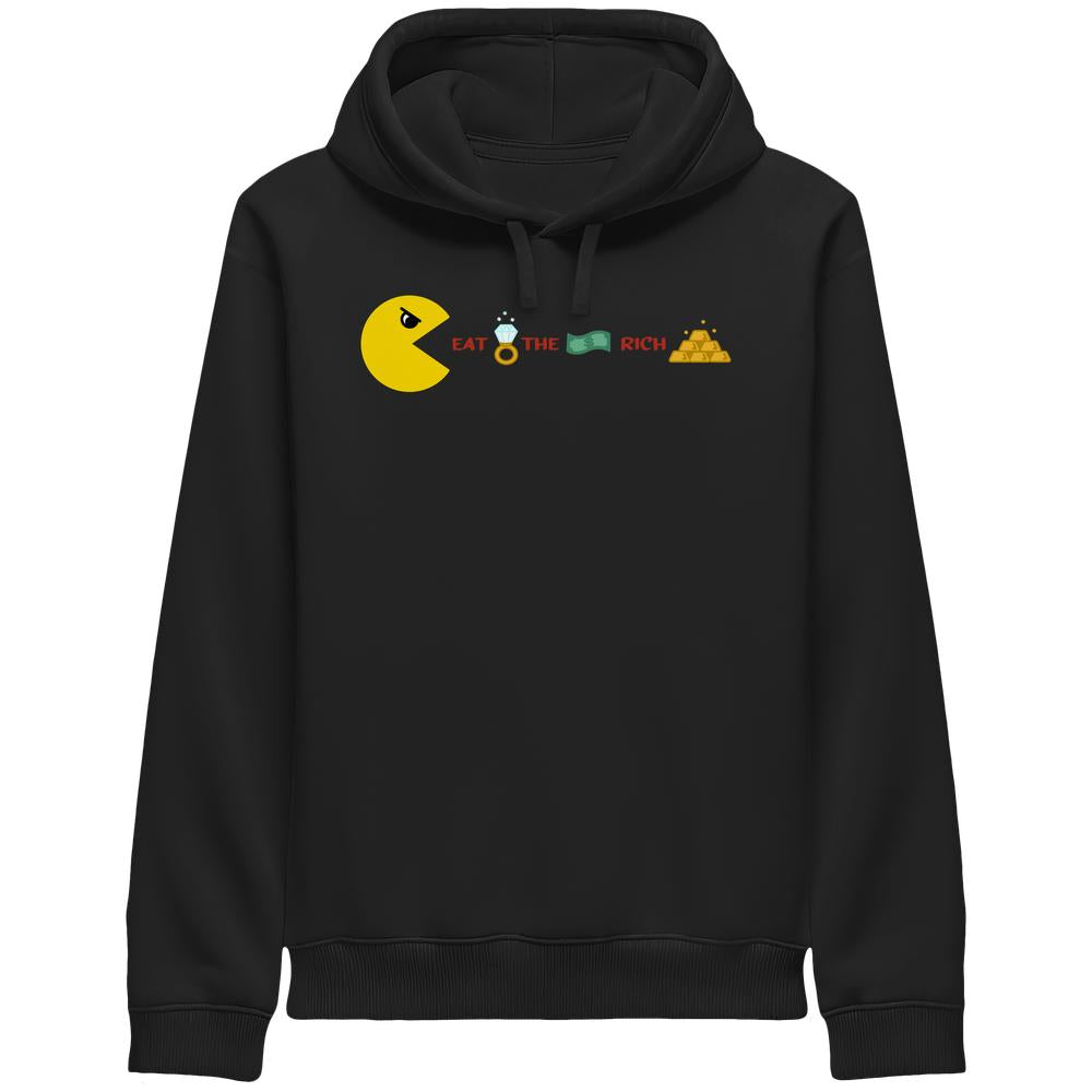 Vegan und Bio Unisex Side Pocket Hoodie: PAC-MAN - Eat the rich, schwarzer Hoodie mit gelbem Pac-Man, der luxuriöse Emojis frisst und dem Slogan EAT THE RICH in Rot.