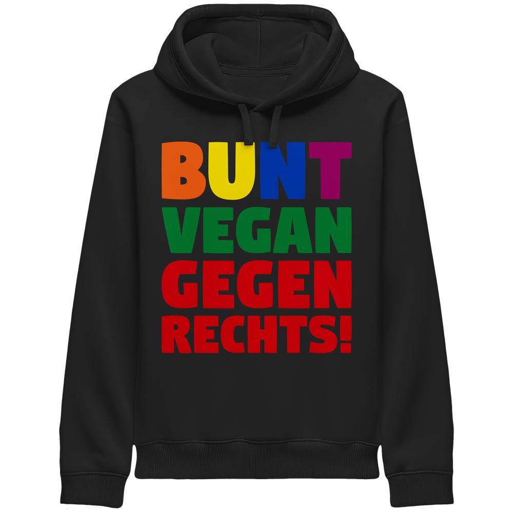 Schwarzer Hoodie mit mehrfarbigem „BUNT VEGAN GEGEN RECHTS!“ Print