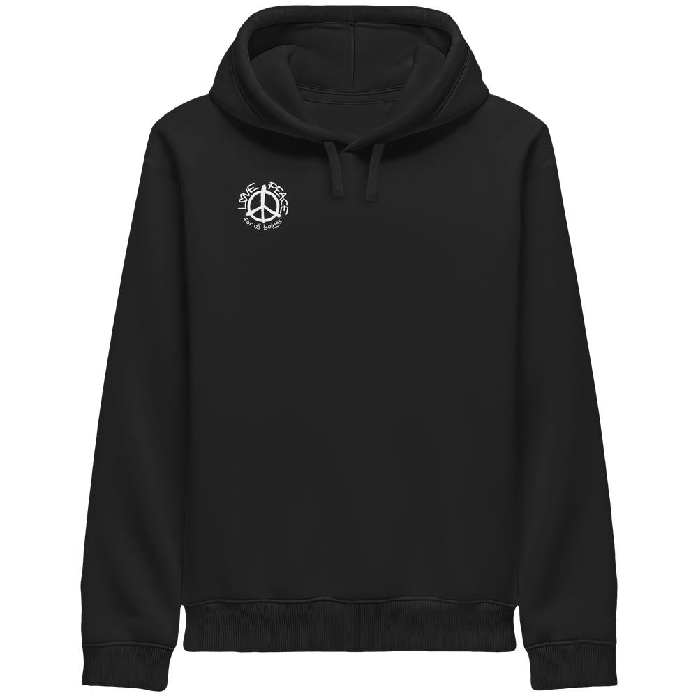 Schwarzer Hoodie mit Kapuze und Kordeln, kleiner Brustprint im Kreis