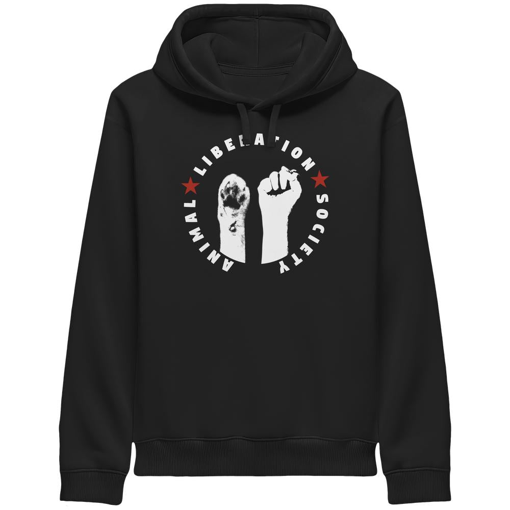 Schwarzes Kapuzen-Sweatshirt mit großem Kreis-Print mit erhobenen Fäusten und Pfoten