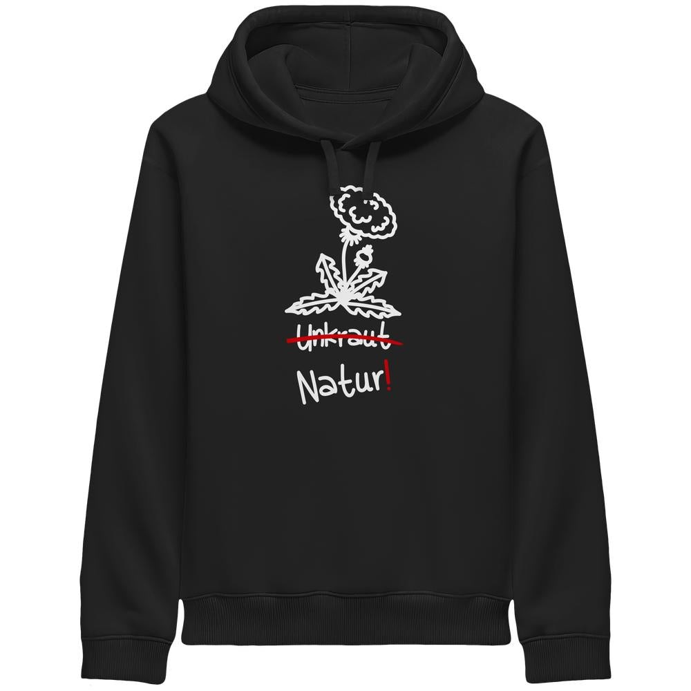 Schwarzer Hoodie mit skizzenhaftem Löwenzahn-Motiv und Slogan Unkraut durchgestrichen, ersetzt durch Natur!, aus Bio-Baumwolle von RUDE REBEL.