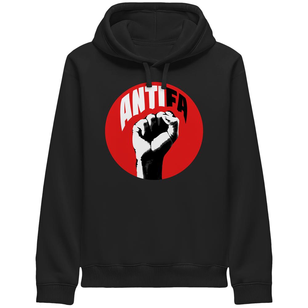 Hoodie mit Kapuze, schwarz, Frontprint „ANTIFA“ im roten Kreis