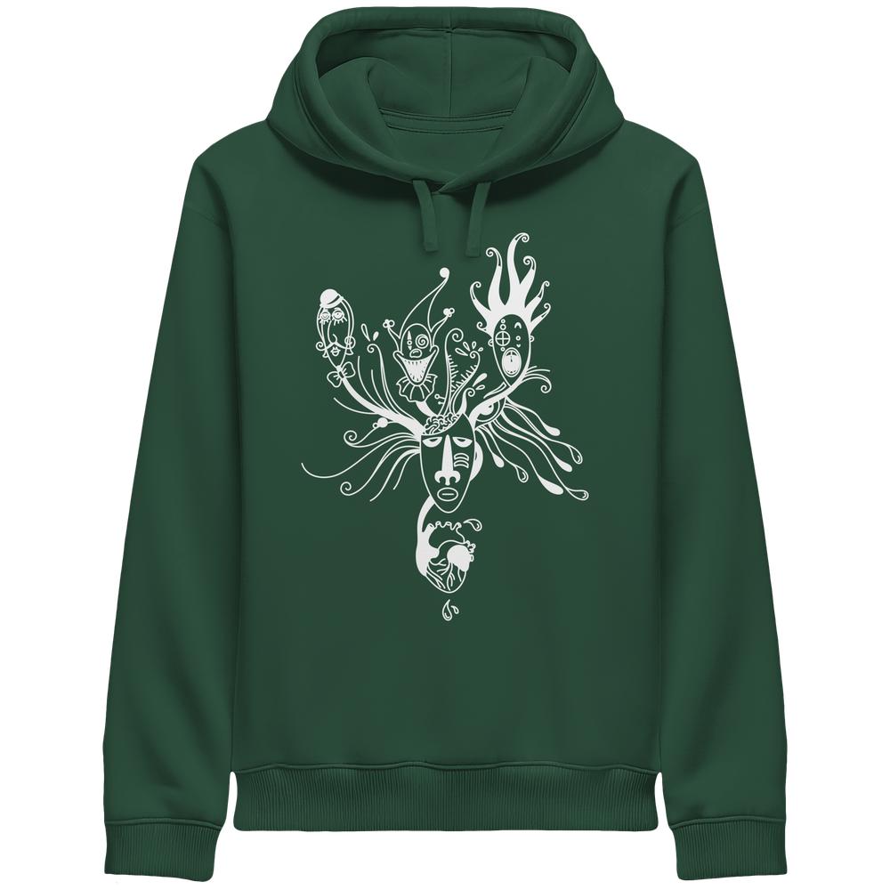 Flaschengrüner Hoodie mit Kapuze und Kängurutasche, weißes Frontmotiv