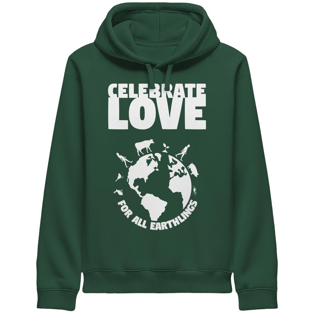 Grüner Hoodie mit Kapuze und Kängurutasche, „CELEBRATE LOVE“-Tierwelt-Print