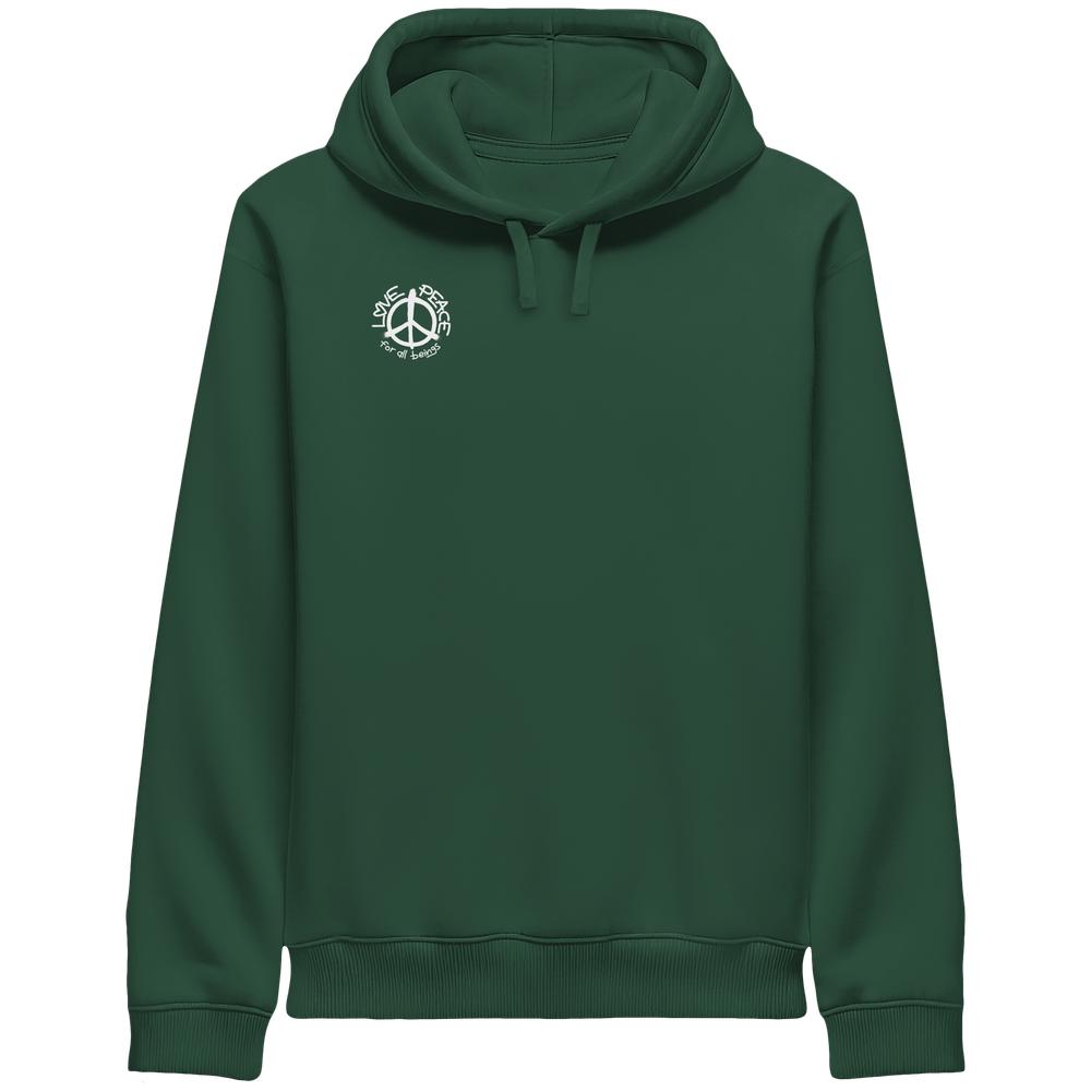 Dunkelgrüner Hoodie mit Kapuze und Kordeln, kleiner Brustprint im Kreis