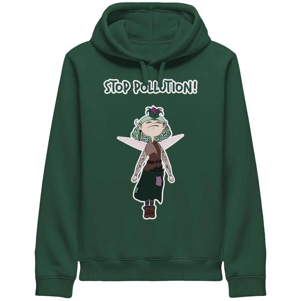 Hoodie in Flaschengrün mit Kapuze, Kängurutasche und Stop-Pollution!-Motiv vorn