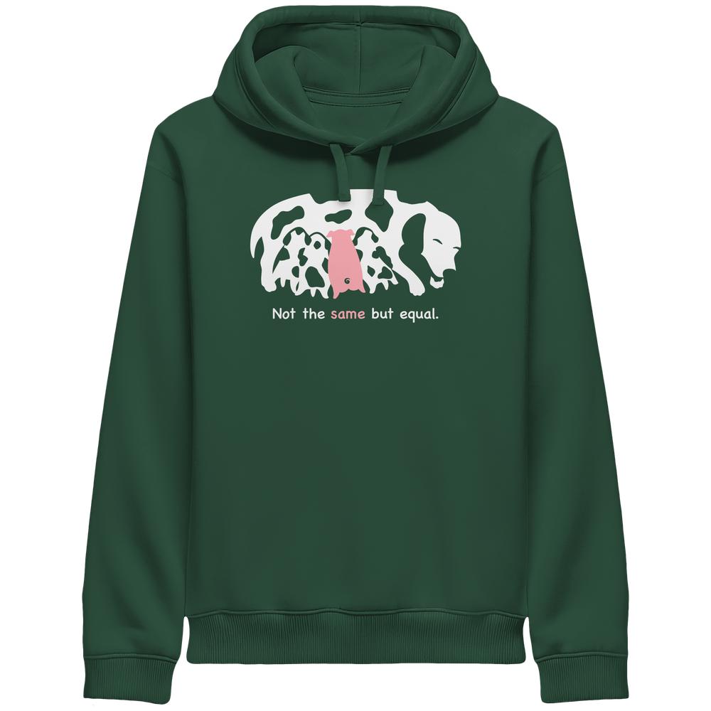 Vegan und Bio Unisex Side Pocket Hoodie: Animal equality mit Tiermotiven und Slogan, symbolisiert Liebe und Schutz. Hergestellt aus Bio-Baumwolle und recyceltem Polyester.