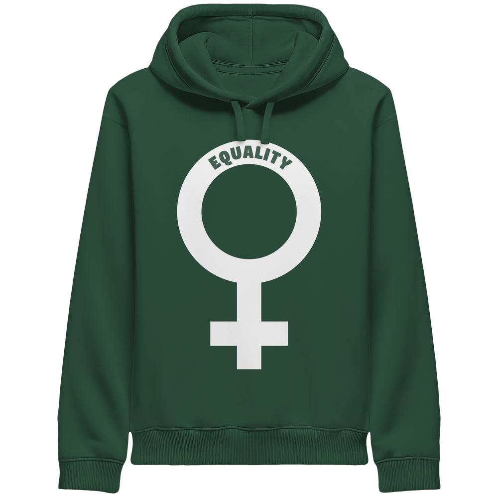 Dunkelgrüner Hoodie mit Kordelzug und großem Gleichheitssymbol auf der Brust