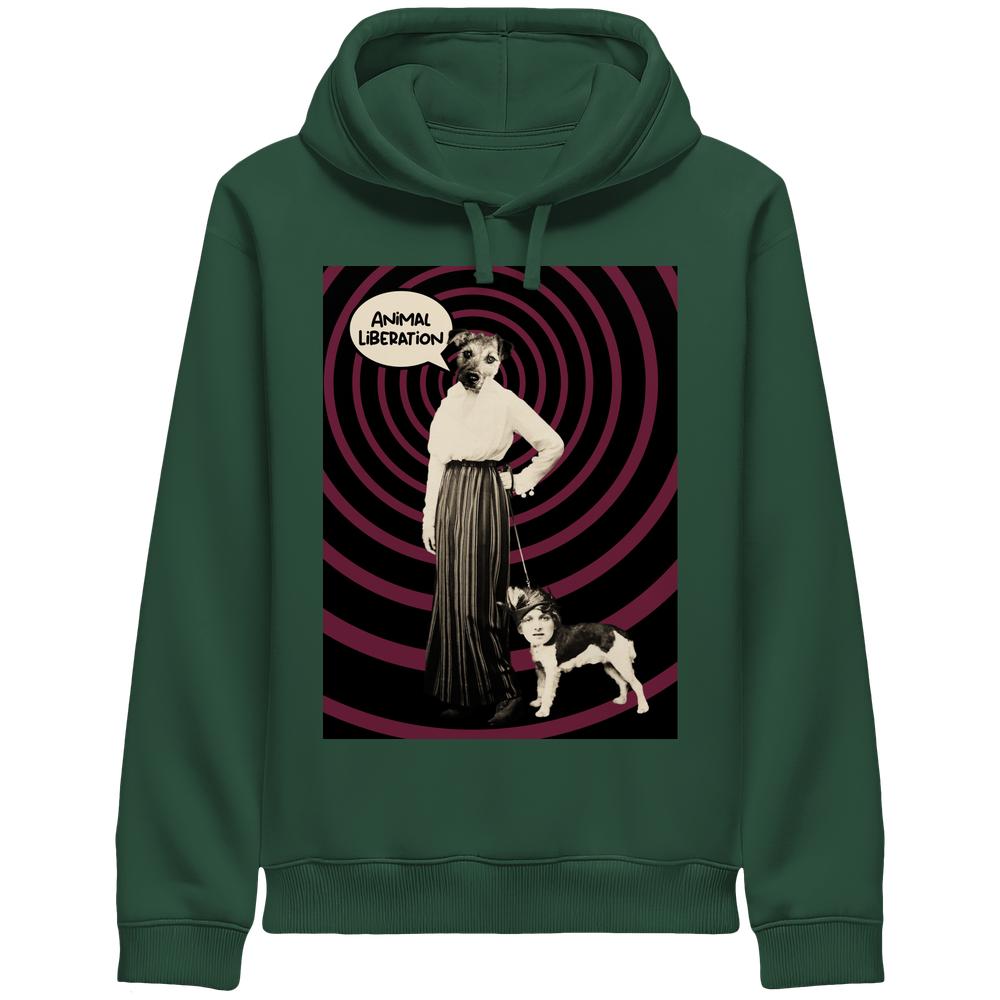 Kapuzenpullover in Dunkelgrün mit quadratischem Vorderprint „Animal Liberation“