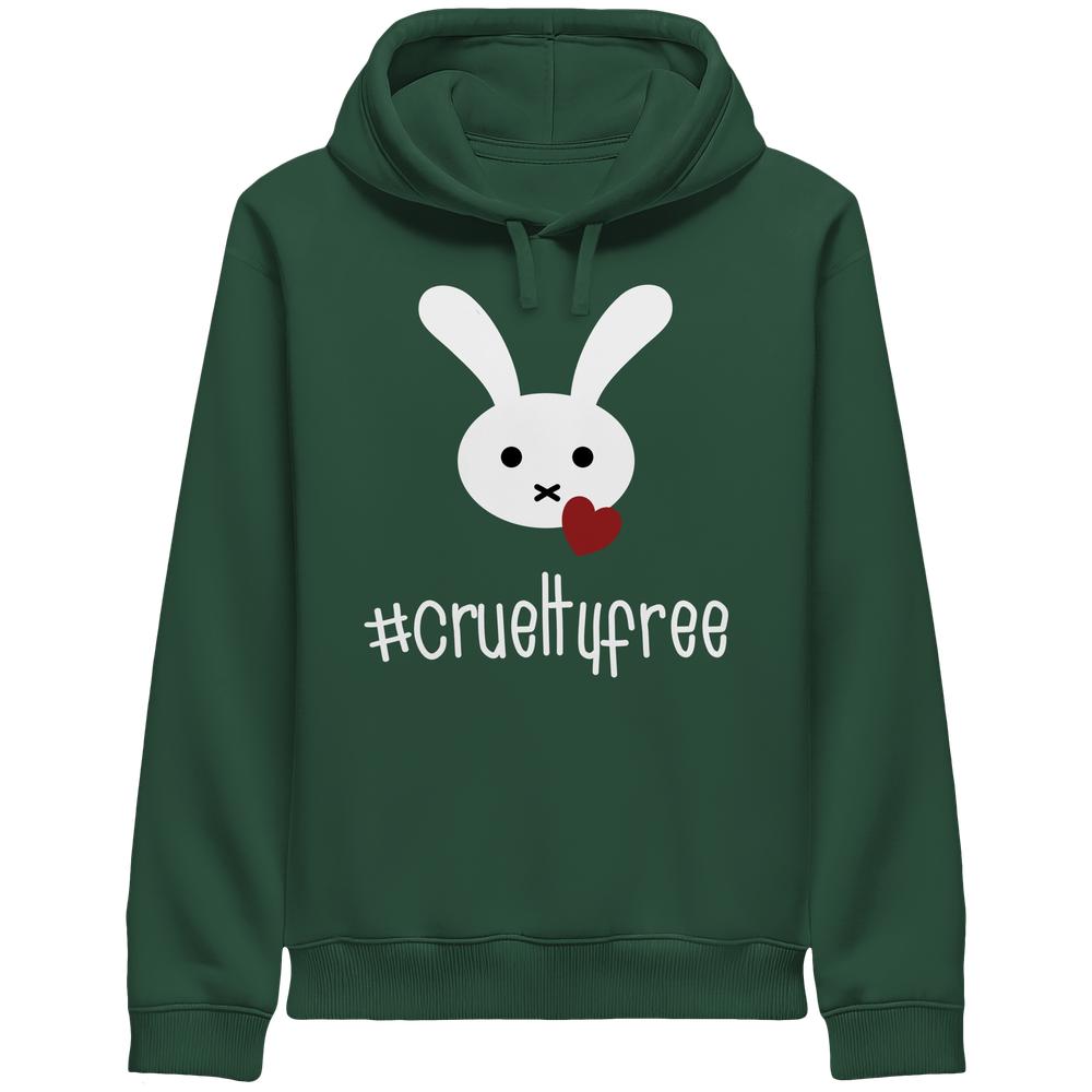 Vegan und Bio Unisex Side Pocket Hoodie mit weißem Hasengesicht und rotem Herz, darunter „#crueltyfree“. Nachhaltige Materialien, normale Passform, Kapuze, seitliche Taschen.