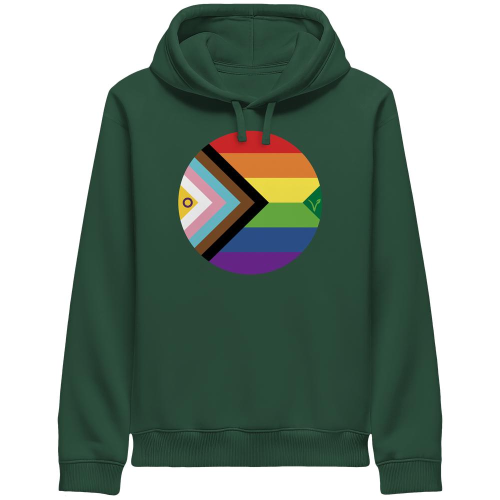 Dunkelgrüner Hoodie mit Kapuze und Frontdruck in Regenbogenfarben