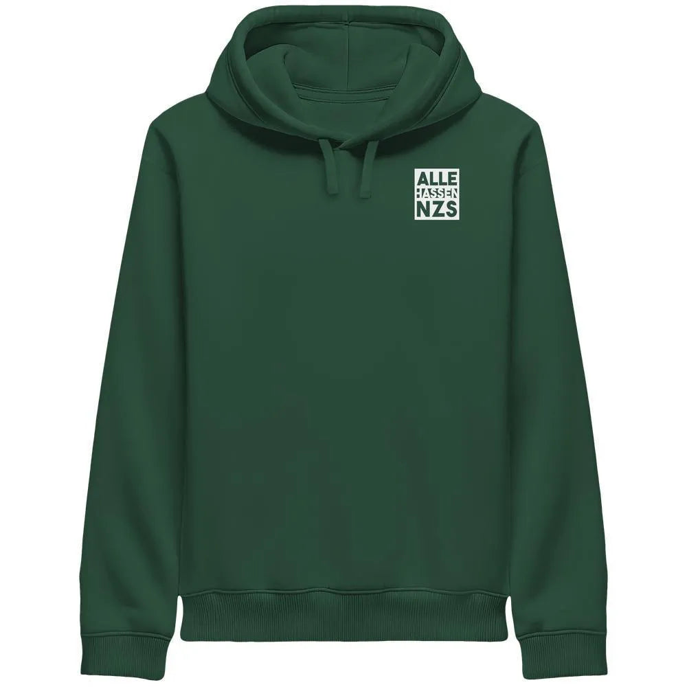 Veganes Bio Kapuzen-Sweatshirt, dunkelgrün, mit Kängurutasche und Kordelzug, ALLE HASSEN NZS